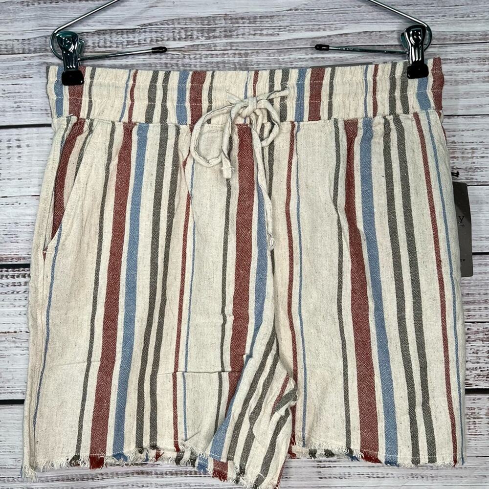 Royalty For Me Linen Blend Striped Shorts Medium Raw Frayed‎ Hem NEW